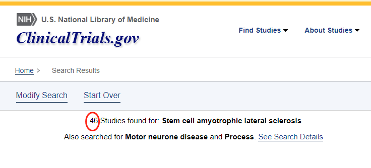 clinicaltrials.gov網站上注冊的有關干細胞治療肌萎縮側索硬化癥的臨床研究項目有46項。