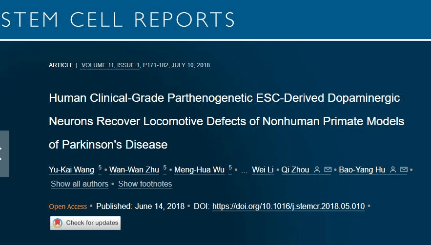 人類臨床級孤雌生殖 ESC 衍生的多巴胺能神經元可恢復非人類靈長類動物帕金森病模型的運動缺陷 人類臨床級孤雌生殖 ESC 衍生的多巴胺能神經元可恢復非人類靈長類動物帕金森病模型的運動缺陷
