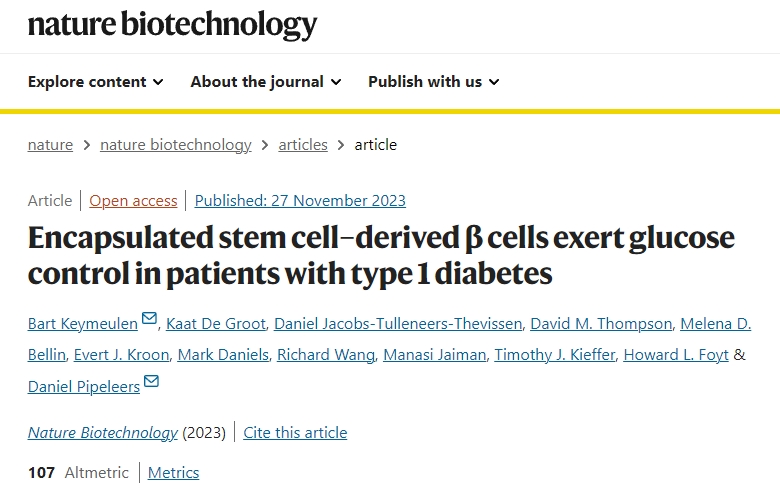 封裝干細胞衍生的β細胞對1型糖尿病患者發揮血糖控制作用