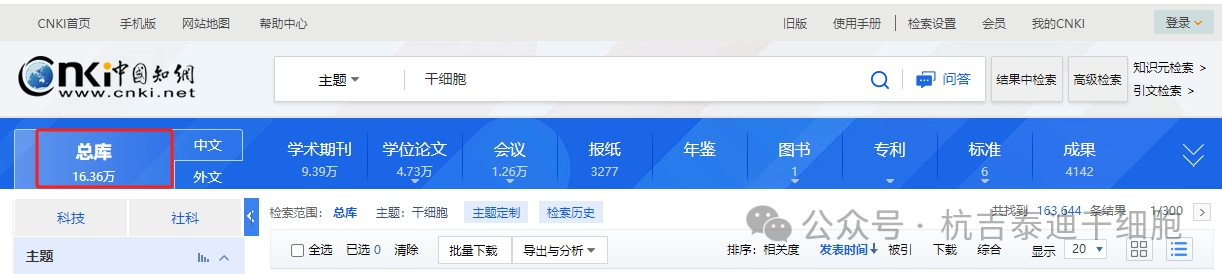 在“中國知網數據庫”檢索,得到15.68萬條關于干細胞的搜索結果 在“中國知網數據庫”檢索,得到15.68萬條關于干細胞的搜索結果
