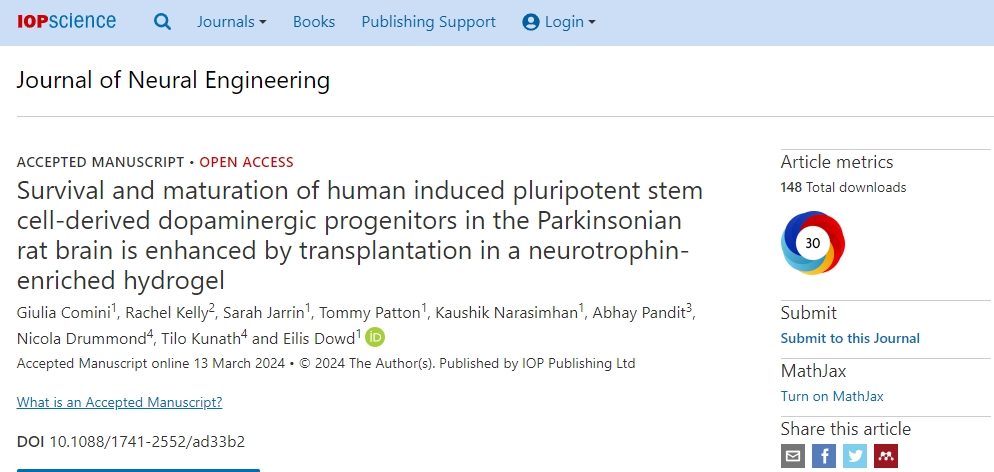 通過在富含神經(jīng)營養(yǎng)素的水凝膠中移植人誘導(dǎo)的多能干細(xì)胞衍生的多巴胺能祖細(xì)胞，可以增強(qiáng)帕金森病大鼠腦中的存活和成熟。