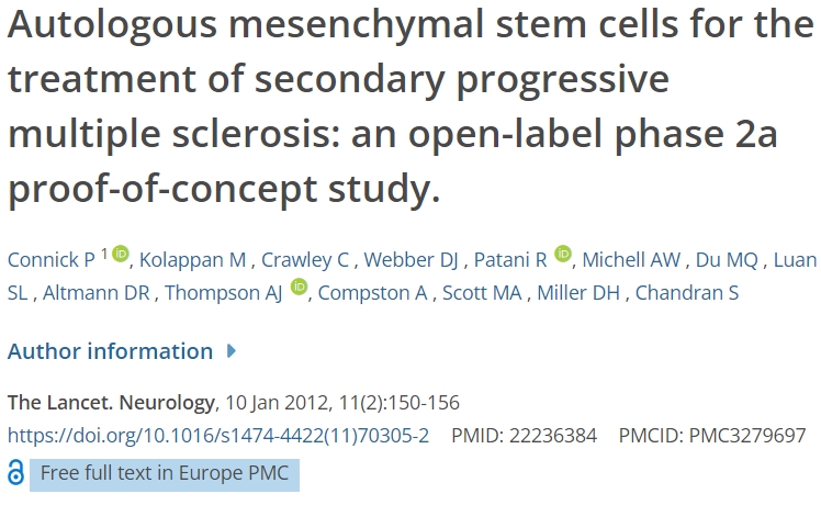 自體間充質干細胞治療繼發性進行性多發性硬化癥：一項開放標簽2a期概念驗證研究