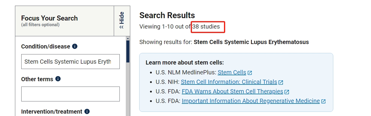 clinicaltrials.gov網站上注冊的有關干細胞治療系統性紅斑狼瘡的臨床研究項目有38項。其中已完成的有10項。