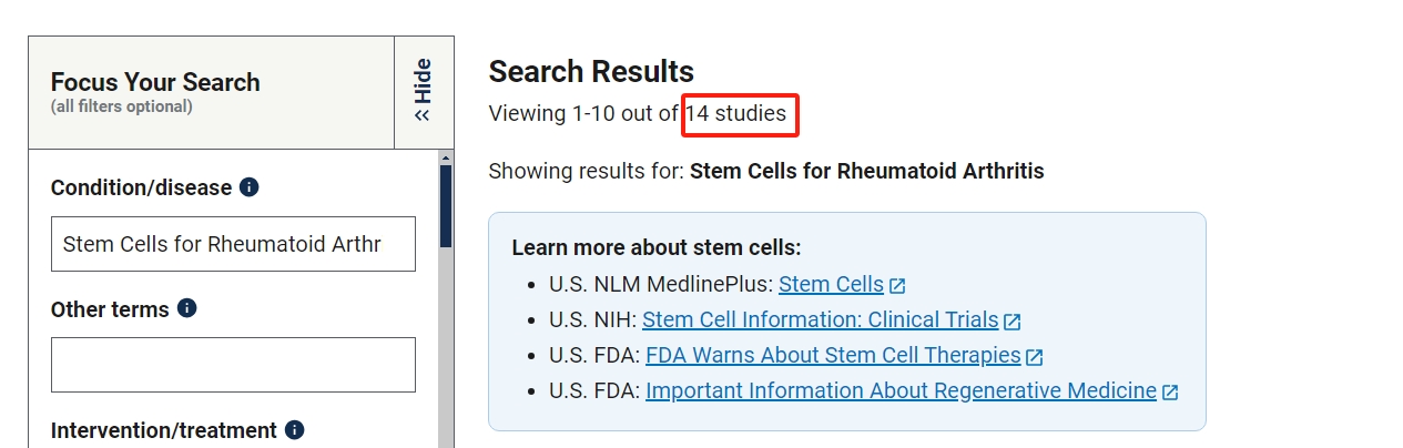 干細胞治療類風濕關節炎的臨床研究項目有14項。其中已完成的有2項。