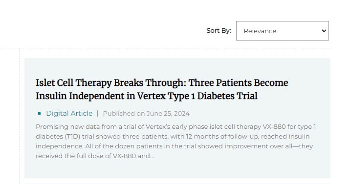 胰島細(xì)胞療法取得突破：Vertex 1 型糖尿病試驗(yàn)中三名患者不再依賴胰島素