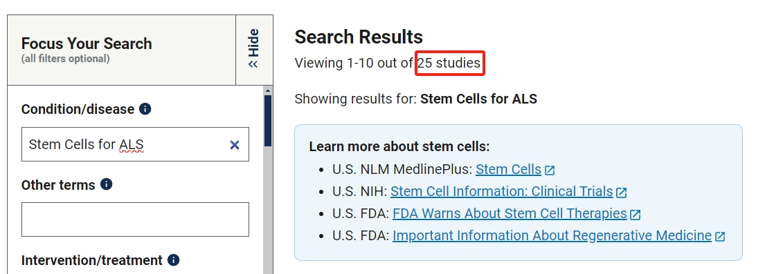 干細胞治療肌萎縮側索硬化癥的臨床研究項目有25項。其中已完成的有8項。