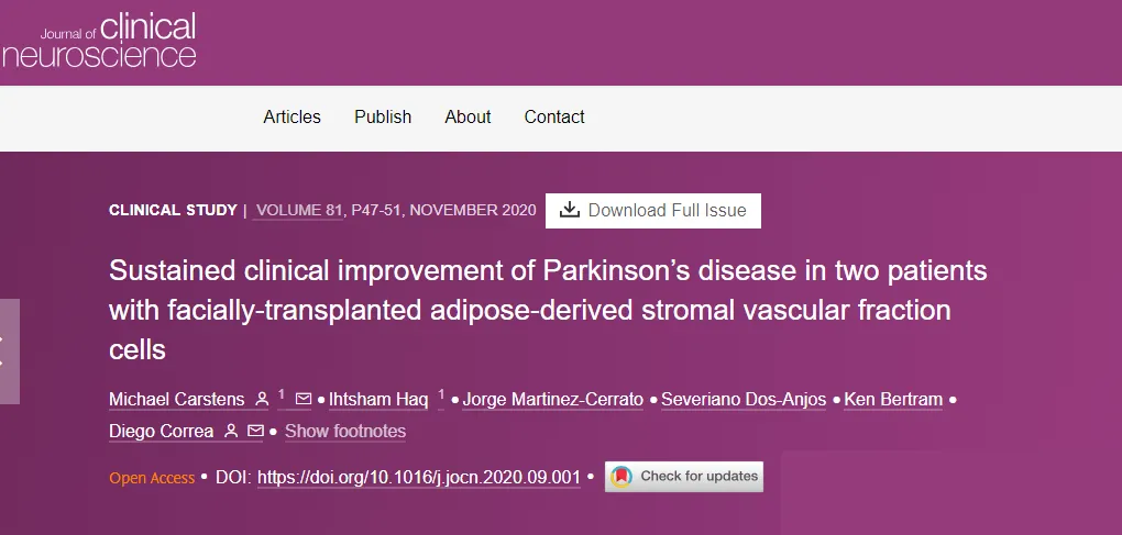 面部移植脂肪來源的基質血管成分細胞后，兩名帕金森病患者病情持續改善