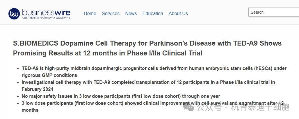 S.BlOMEDICS多巴胺細胞治療帕金森病與泰德- a9在12個月的i / la期臨床試驗顯示有希望的結果