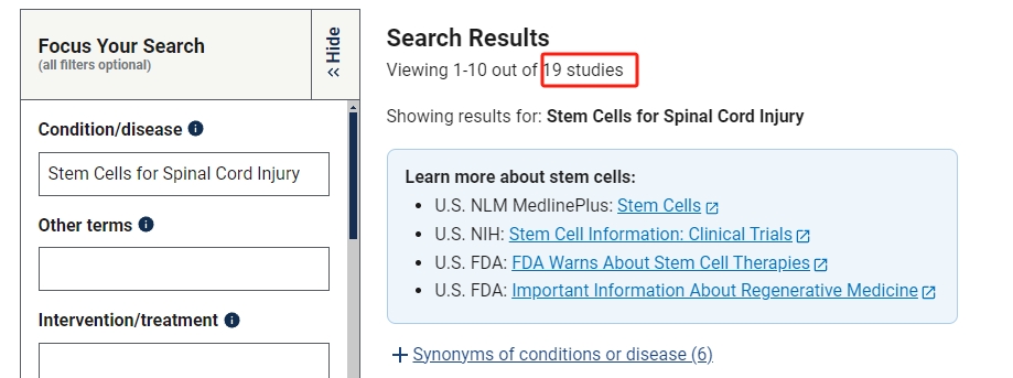 干細胞治療脊髓損傷臨床研究項目有19項。其中國內發布的占據2項。