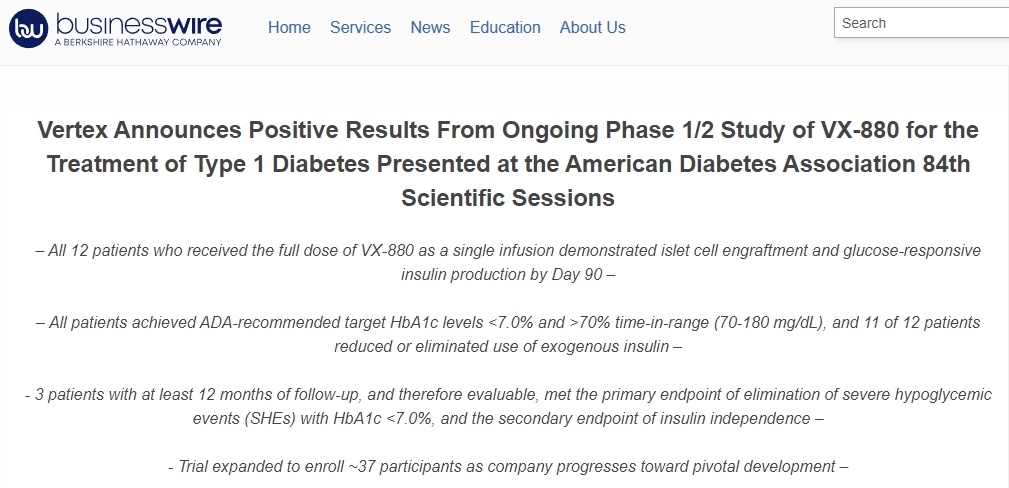 Vertex 宣布正在進行的 VX-880 治療 1 型糖尿病的 1/2 期研究取得了積極成果，并在美國糖尿病協會第 84 屆科學會議上公布