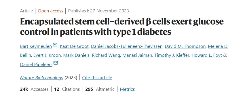封裝的干細胞衍生β細胞在1型糖尿病患者中發揮血糖控制作用