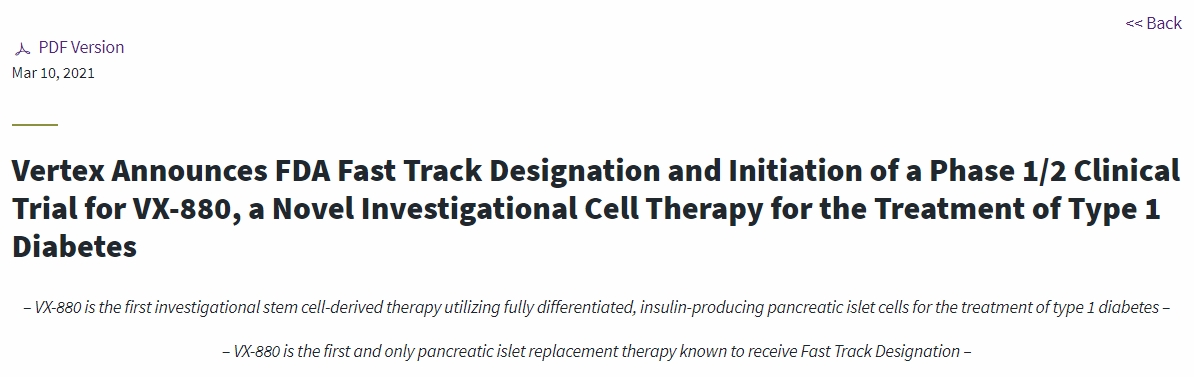 Vertex宣布獲得FDA快速通道認定并啟動VX-880的1/2期臨床試驗