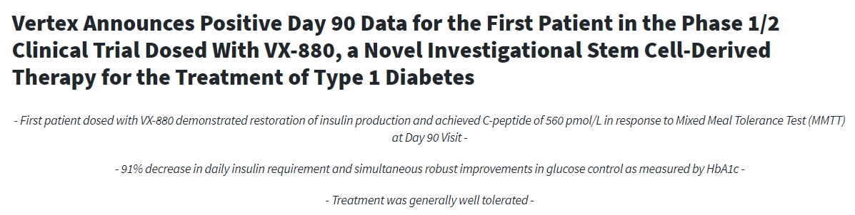 Vertex宣布1/2期臨床試驗中首位接受VX-880治療的患者第90天的陽性數據