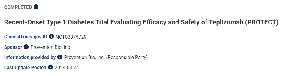 針對近期發病的 1 型糖尿病患者的試驗，評估 Teplizumab 的療效和安全性 (PROTECT)