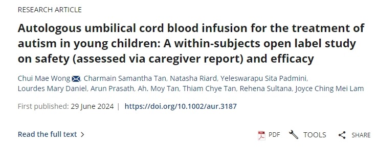 自體臍帶血輸注治療幼兒自閉癥：一項(xiàng)關(guān)于安全性（通過(guò)護(hù)理人員報(bào)告評(píng)估）和有效性的受試者內(nèi)開(kāi)放標(biāo)簽研究