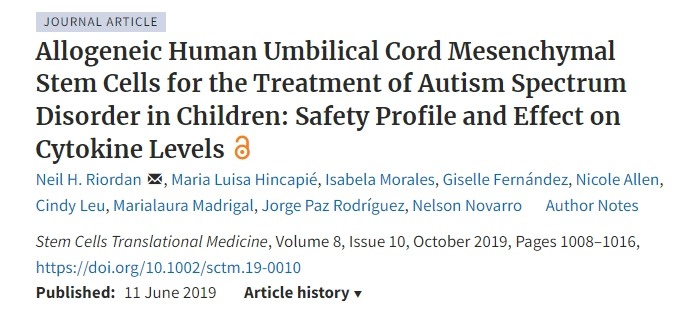 同種異體人臍帶間充質干細胞治療兒童自閉癥譜系障礙：安全性和對細胞因子水平的影響