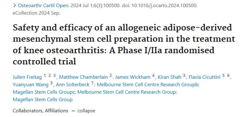《同種異體脂肪間充質(zhì)干細(xì)胞制劑治療膝關(guān)節(jié)骨關(guān)節(jié)炎的安全性和有效性：I/IIa 期隨機(jī)對(duì)照試驗(yàn)》