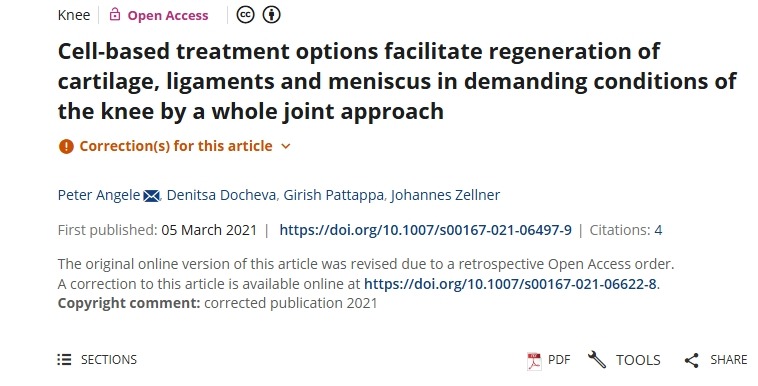 基于細胞的治療方案通過全關節(jié)方法在膝關節(jié)的苛刻條件下促進軟骨、韌帶和半月板的再生
