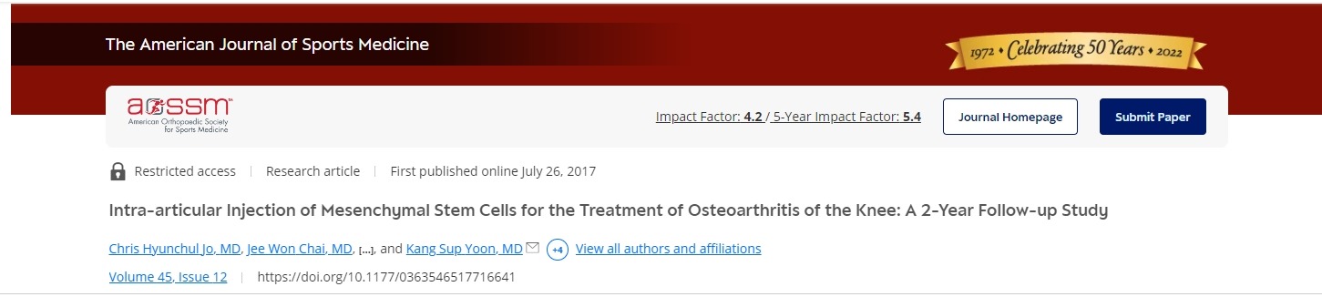 美國運動雜志：關節內注射間充質干細胞治療膝關節骨關節炎：為期2年的隨訪研究