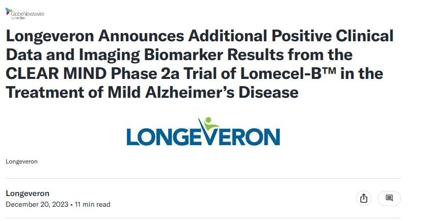 治療輕度阿爾茨海默病的研究產品 Lomecel-B? 的 2a 期 CLEAR MIND 試驗的更多新臨床和生物標志物結果