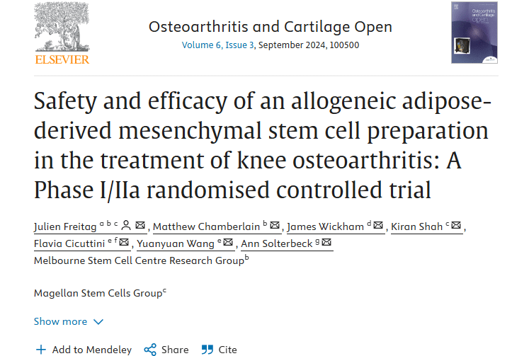 同種異體脂肪間充質(zhì)干細(xì)胞制劑治療膝關(guān)節(jié)骨關(guān)節(jié)炎的安全性和有效性：I/IIa 期隨機(jī)對照試驗(yàn)