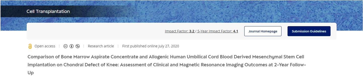 骨髓抽吸濃縮物和同種異體人臍帶血間充質干細胞移植治療膝關節軟骨缺損的比較：2年隨訪臨床和磁共振成像結果評估