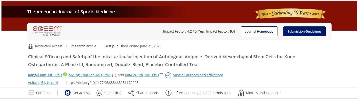 關(guān)節(jié)內(nèi)注射自體脂肪間充質(zhì)干細(xì)胞治療膝關(guān)節(jié)骨關(guān)節(jié)炎的臨床療效和安全性：一項(xiàng)III期、隨機(jī)、雙盲、安慰劑對(duì)照試驗(yàn)