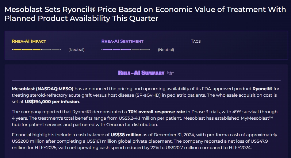 Mesoblast根據治療的經濟價值確定Ryoncil?價格，預計本季度產品上市