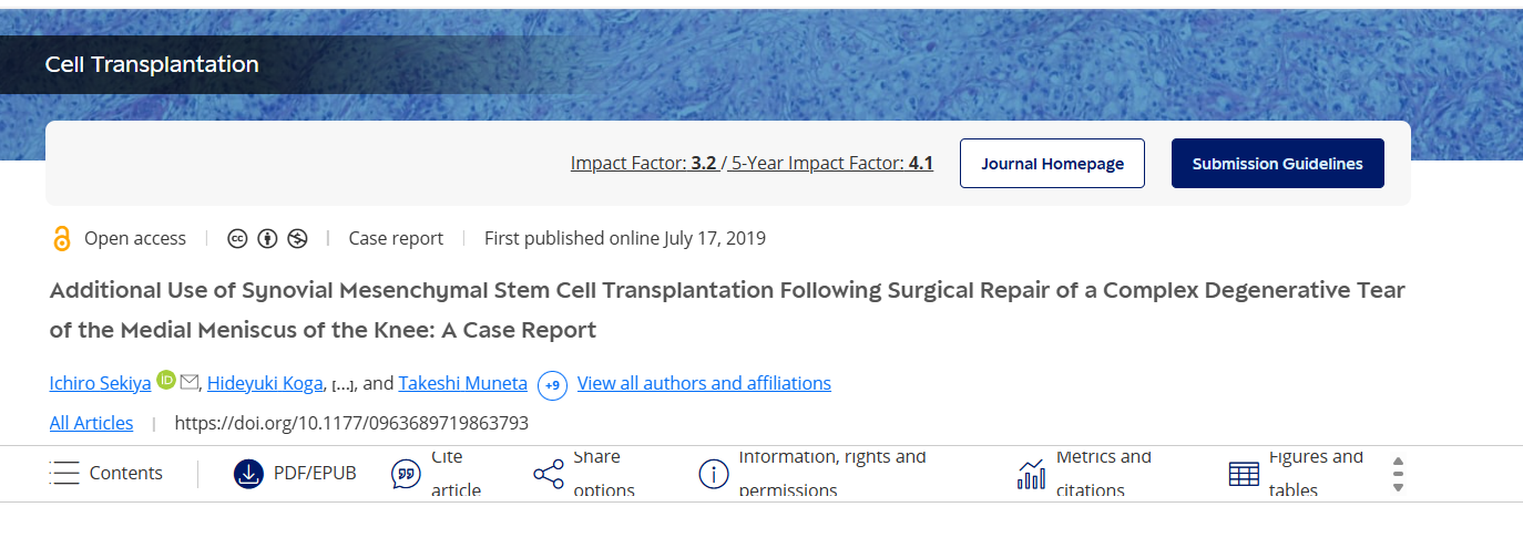 膝關(guān)節(jié)內(nèi)側(cè)半月板復(fù)雜退行性撕裂手術(shù)修復(fù)后滑膜間充質(zhì)干細(xì)胞移植的附加應(yīng)用：病例報告