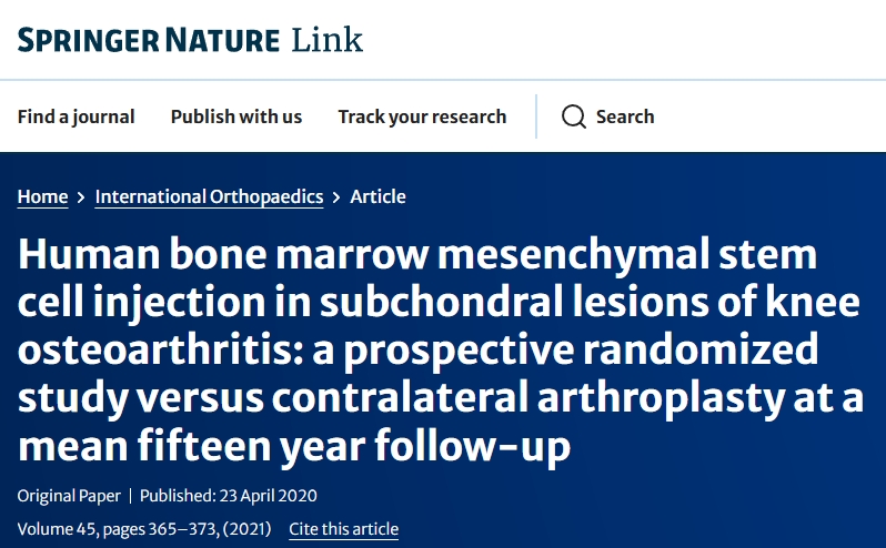 人骨髓間充質干細胞注射治療膝關節骨性關節炎軟骨下損傷：一項前瞻性隨機研究，對比平均十五年隨訪的對側關節置換術