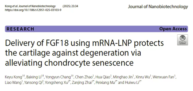 使用 mRNA-LNP 遞送 FGF18 可通過緩解軟骨細胞衰老來保護軟骨免于退化