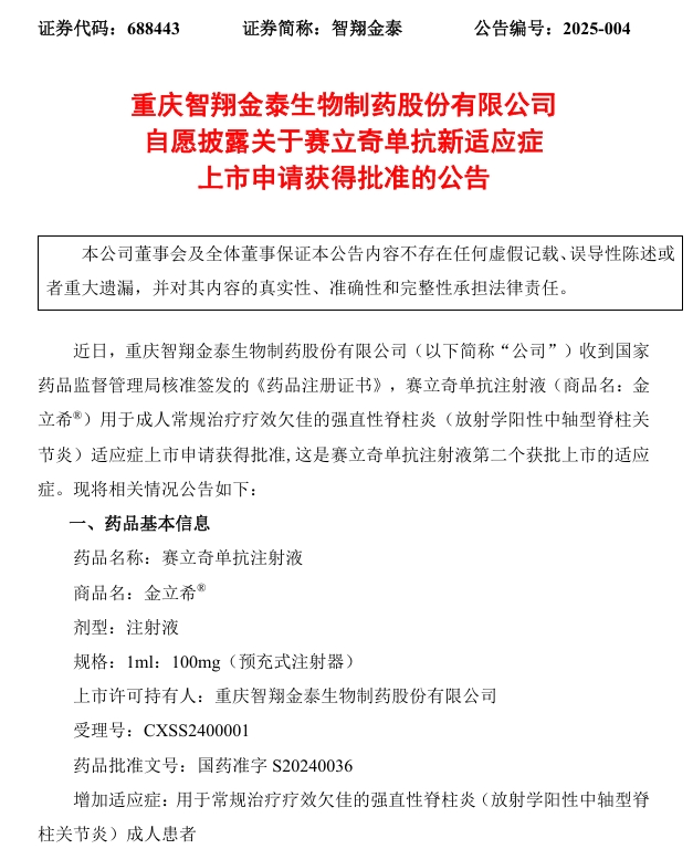 賽立奇單抗注射液(金立希?)獲批上市 賽立奇單抗注射液(金立希?)獲批上市