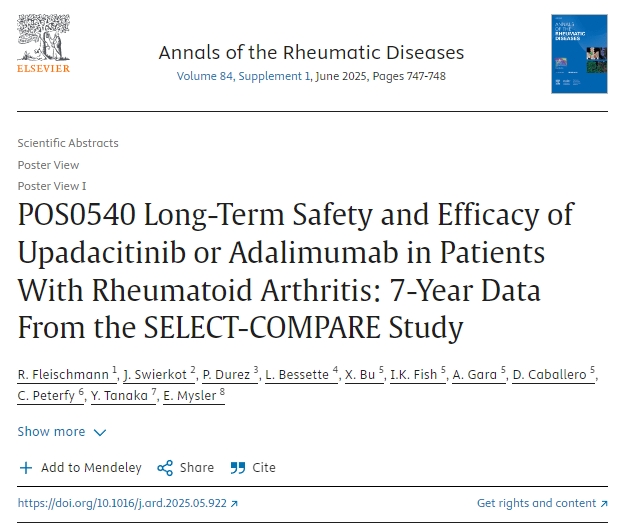 POS0540 Upadacitinib 或阿達木單抗對類風濕性關節(jié)炎患者的長期安全性和有效性：來自SELECT-COMPARE研究的7年數據