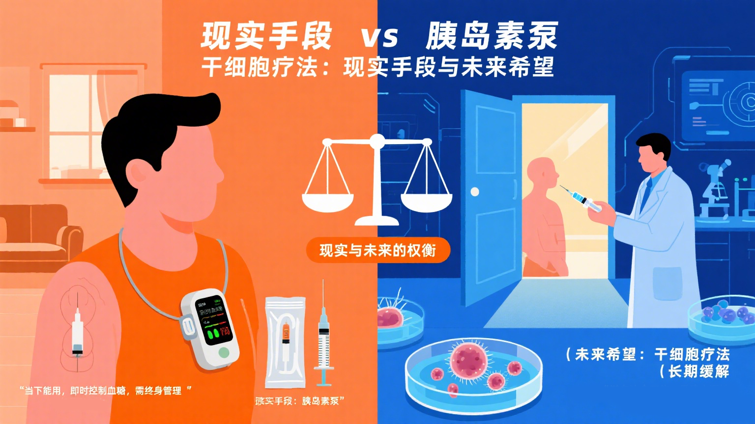 胰島素泵代表的是“當下能用的現實手段”，而干細胞療法則寄托著“未來可能實現的希望”