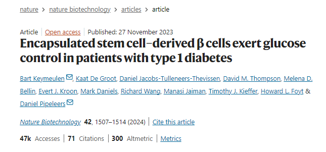 封裝的干細胞衍生的β細胞對1型糖尿病患者發揮血糖控制作用