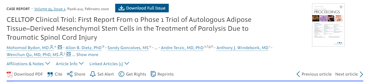 CELLTOP臨床試驗：自體脂肪組織來源的間充質干細胞治療創傷性脊髓損傷所致癱瘓的1期臨床試驗首份報告
