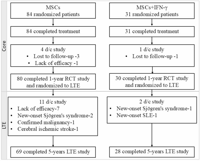 圖1：患者處置。IFN-γ，干擾素γ；LTE，長期擴展；MSCs，間充質干細胞；RCT，隨機對照臨床試驗；SLE，系統性紅斑狼瘡