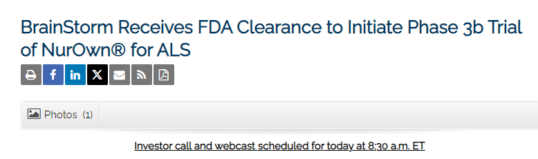 BrainStorm公司獲得FDA批準，啟動NurOwn?治療ALS的3b期臨床試驗