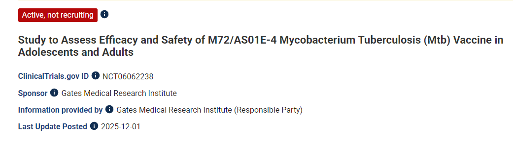 評估M72/AS01E-4結(jié)核分枝桿菌（Mtb）疫苗在青少年和成人中的有效性和安全性的研究